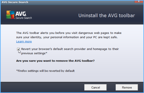 Uninstall the AVG toolbar dialog