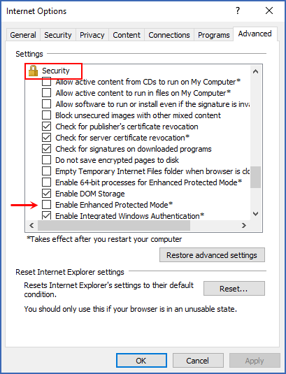 Internet Explorer Security section of Advanced tab