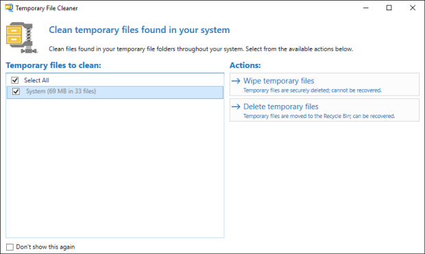 Clean Temporary Files window