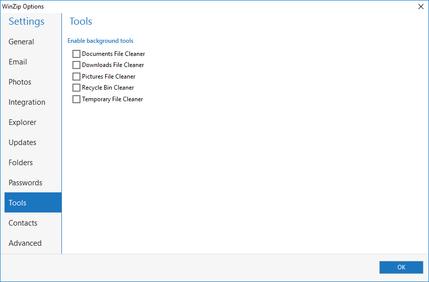 Tools Tab in WinZip Options