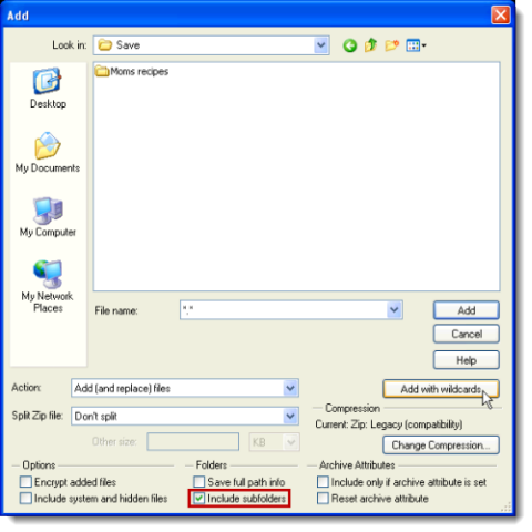 Find and zip your folder; include subfolders
