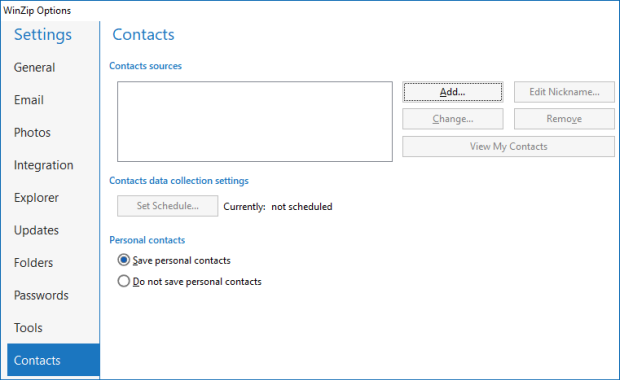Contacts tab in WinZip Options