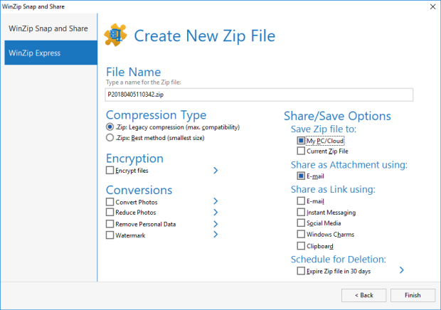 WinZip Snap and Share second dialog