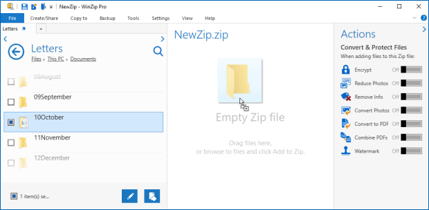 Drag to the Zip file pane or click Add