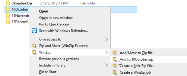 Zip a folder with the WinZip context menu