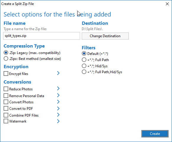 Choose options for your split Zip file
