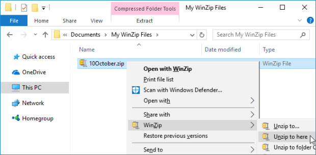 Unzip a folder with the WinZip context menu