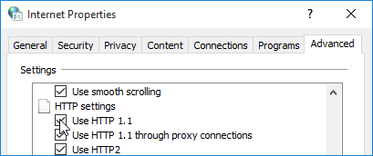Uncheck the HTTP 1.1 box
