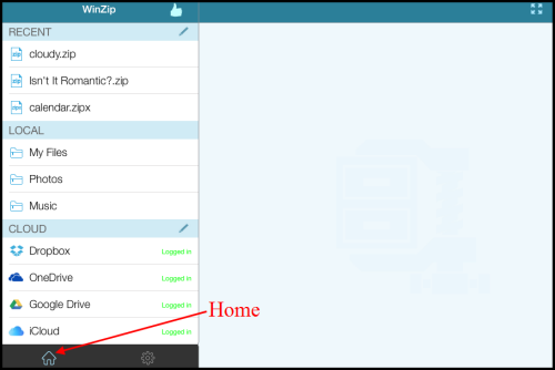 WinZip for iOS Home menu