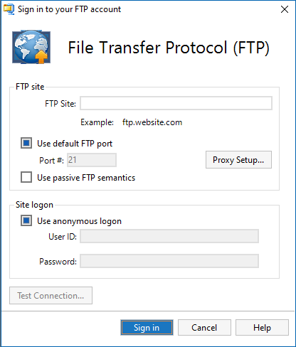 WinZip FTP Sign In dialog
