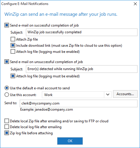 WinZip Job Configure E-Mail dialog
