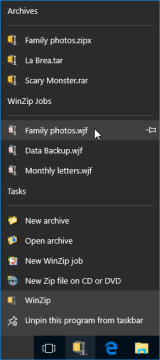 The WinZip Jump List
