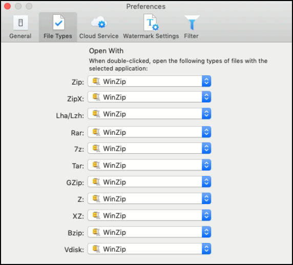 The Preferences dialog - File Types