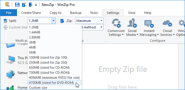 How to break a zip file into parts store